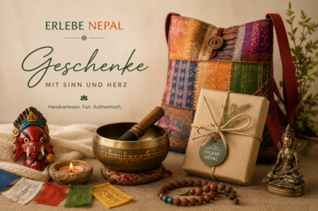 Geschenkset mit Produkten aus Nepal dekorativ arrangiert